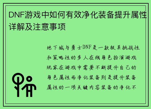 DNF游戏中如何有效净化装备提升属性详解及注意事项