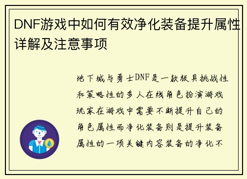 DNF游戏中如何有效净化装备提升属性详解及注意事项